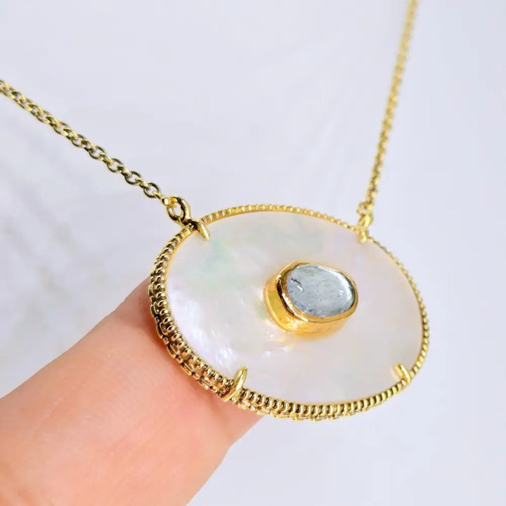 ?MOp & Aqua!’ 18’’ - 20’’ Necklace - Aquamarine Mother-of-pearl 18k Gold Sterling