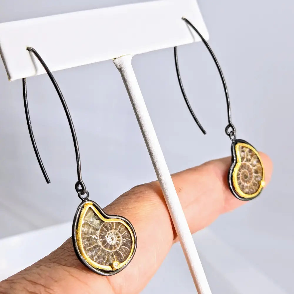 Mortal Coil Earrings 2.25’’ French Hook Halved Single Ammonite Diamonds Black Sterling 18k