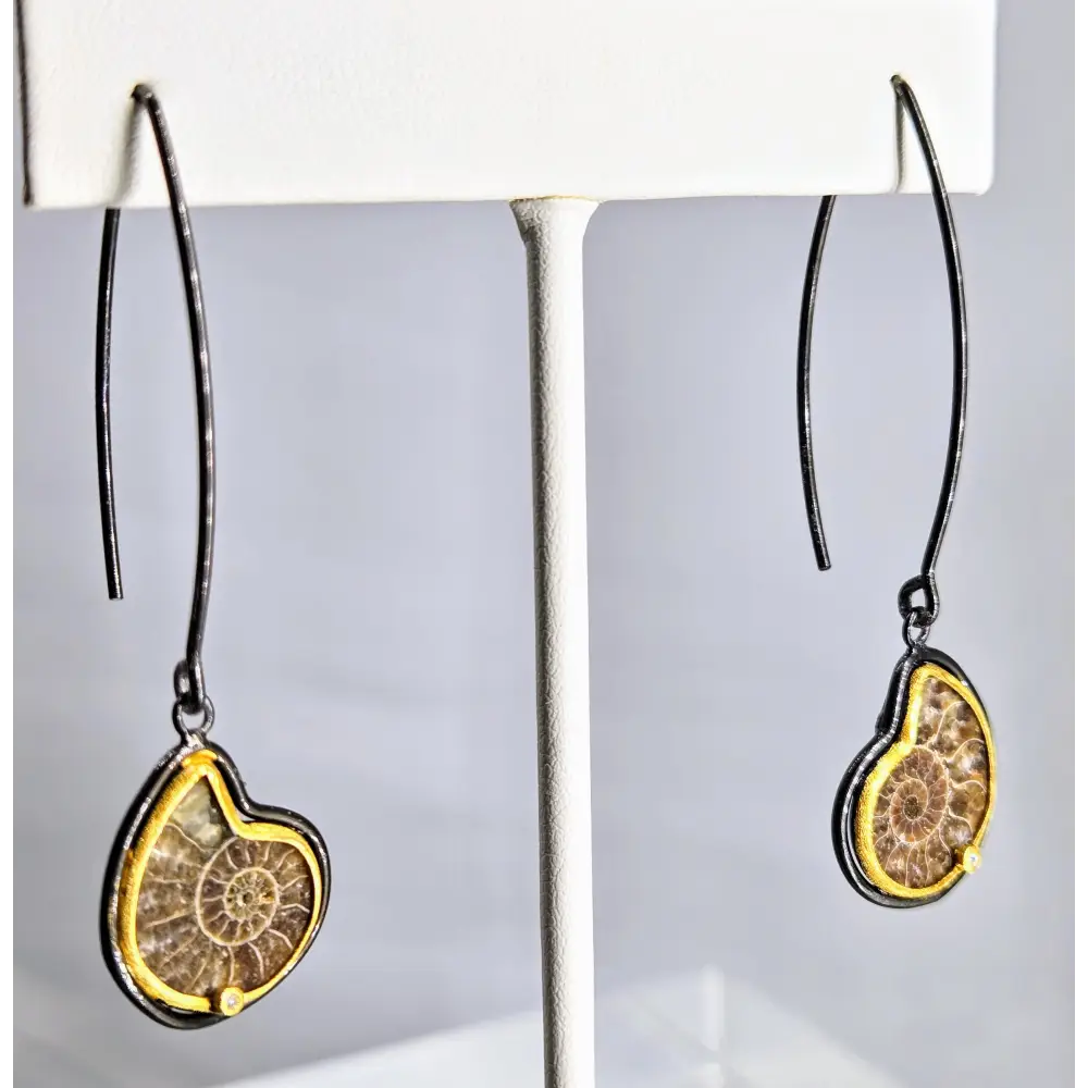 Mortal Coil Earrings 2.25’’ French Hook Halved Single Ammonite Diamonds Black Sterling 18k