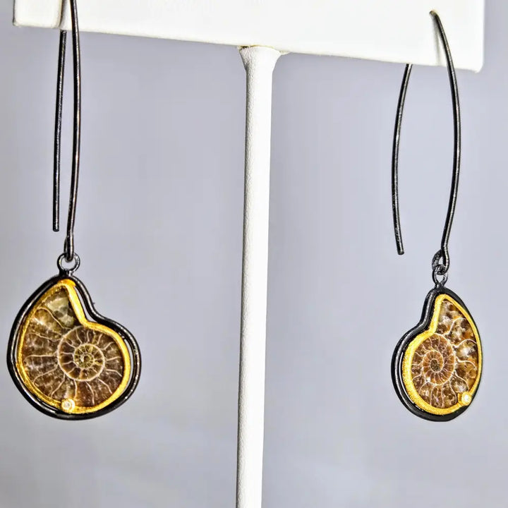 Mortal Coil Earrings 2.25’’ French Hook Halved Single Ammonite Diamonds Black Sterling 18k