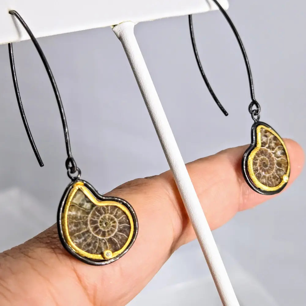 Mortal Coil Earrings 2.25’’ French Hook Halved Single Ammonite Diamonds Black Sterling 18k