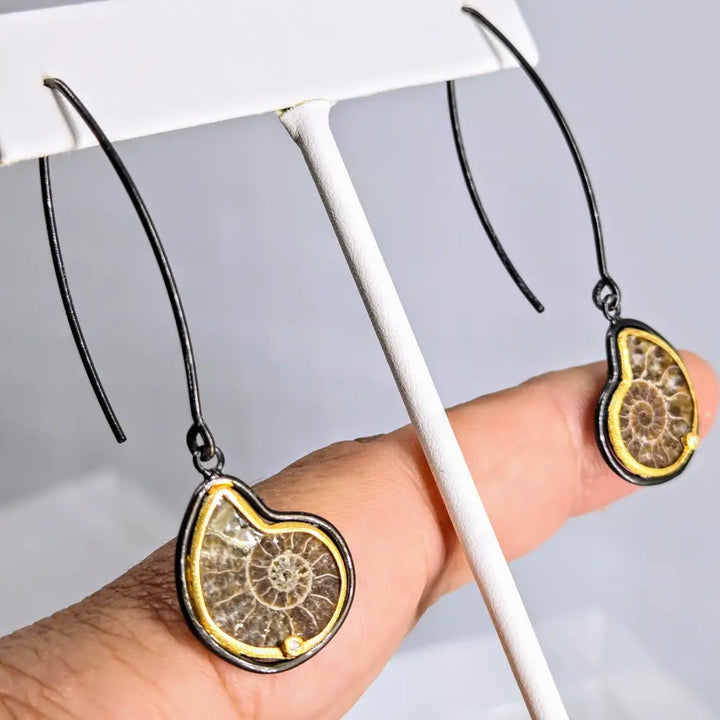 Mortal Coil Earrings 2.25’’ French Hook Halved Single Ammonite Diamonds Black Sterling 18k