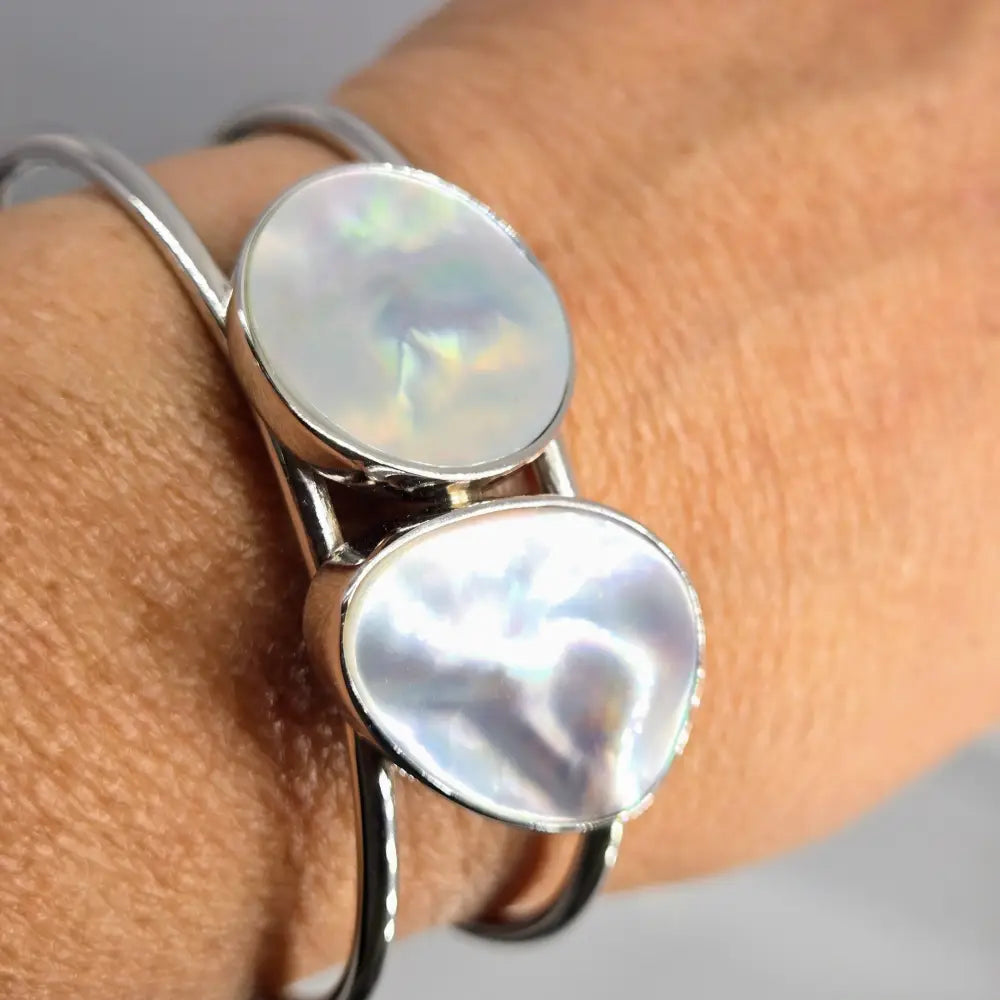?MOther’s Double’ Adj Sz Cuff Bracelet - Mother-of-pearl Anti-tarnish Sterling