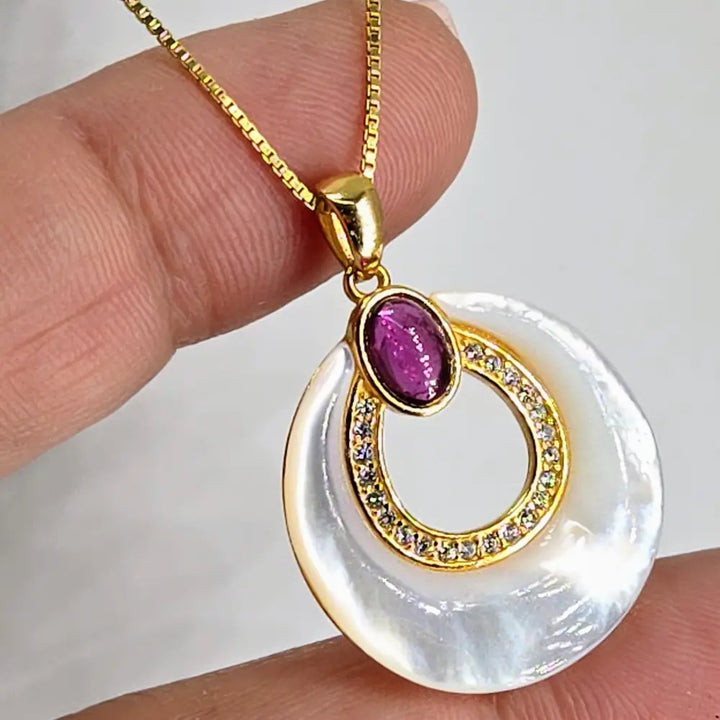 ?MOther’s Little Helper’ 1.25’’ Pendant Necklace - Mother-of-pearl Garnet Zircon Anti-tarnish 18k Gold Sterling