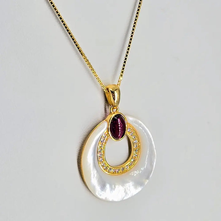 ?MOther’s Little Helper’ 1.25’’ Pendant Necklace - Mother-of-pearl Garnet Zircon Anti-tarnish 18k Gold Sterling