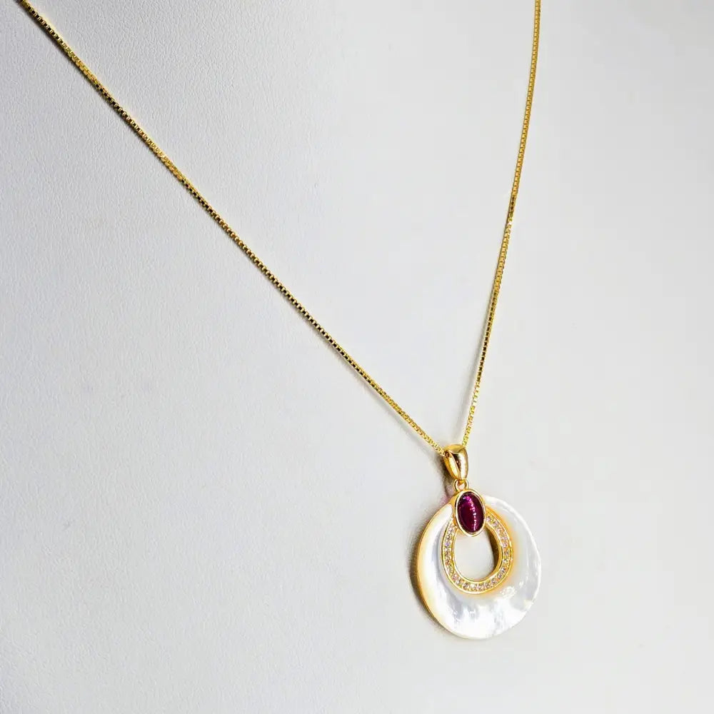 ?MOther’s Little Helper’ 1.25’’ Pendant Necklace - Mother-of-pearl Garnet Zircon Anti-tarnish 18k Gold Sterling