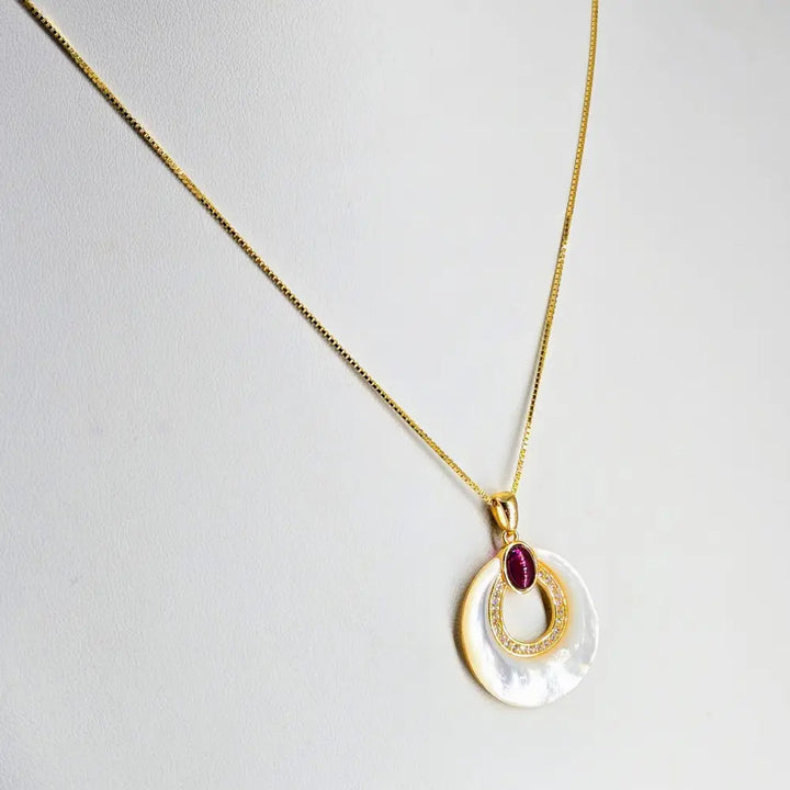 ?MOther’s Little Helper’ 1.25’’ Pendant Necklace - Mother-of-pearl Garnet Zircon Anti-tarnish 18k Gold Sterling