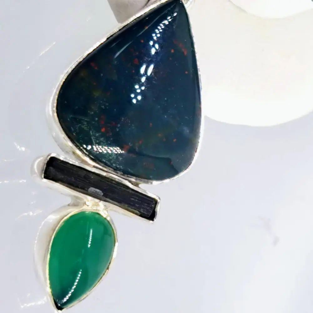 Outlet ?Mrs. Green Jeans’ 2’’ Pendant 20’’ Necklace - Bloodstone Tourmaline Onyx Sterling