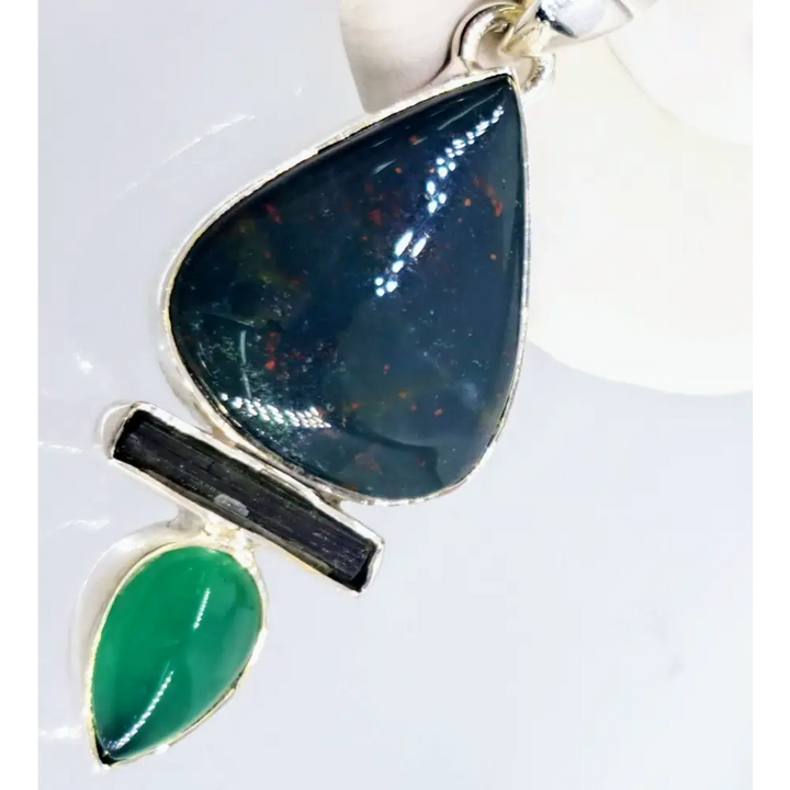 Outlet ?Mrs. Green Jeans’ 2’’ Pendant 20’’ Necklace - Bloodstone Tourmaline Onyx Sterling