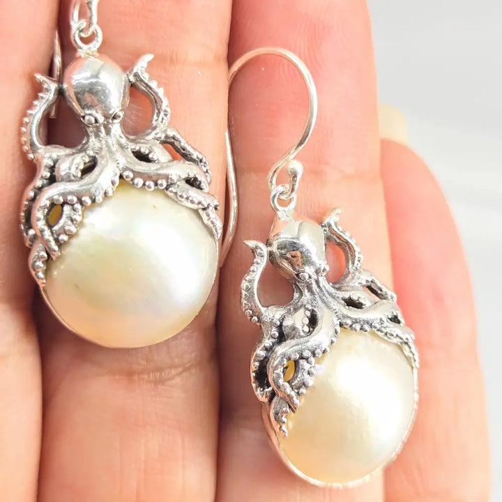 ?MY Octopus Pearls’ 1.75’’ Earrings - White Mabé Pearls Sterling