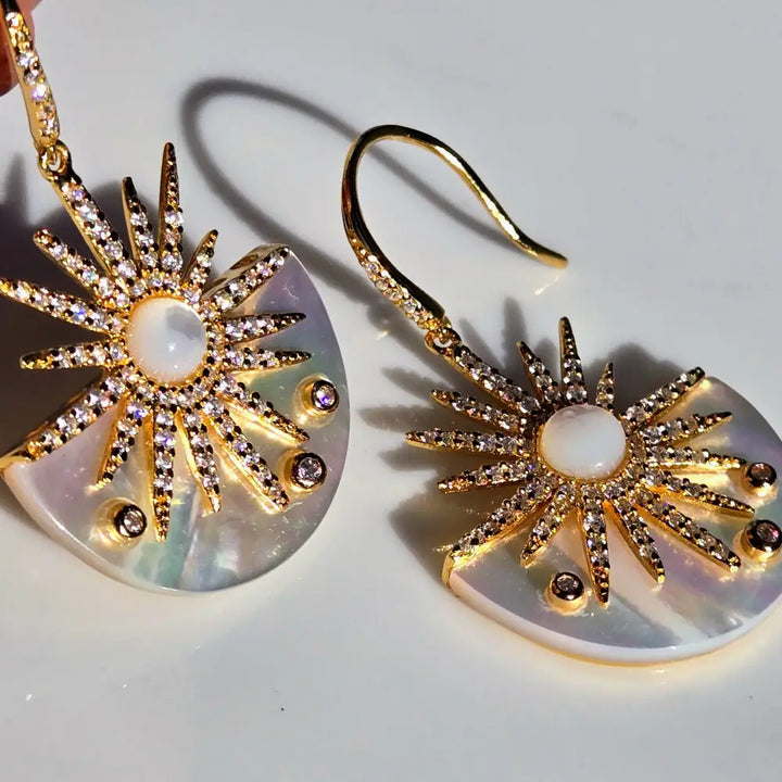 ?MY Sunshine’ 1.5’’ Earrings - South Sea Mother-of-pearl Zircon Anti-tarnish Gold Sterling