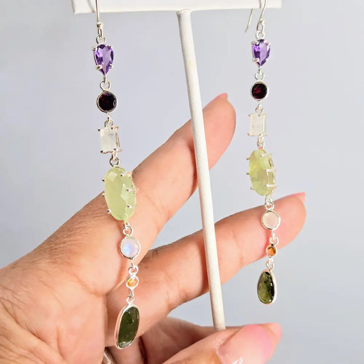 New! ?Shoulder Dusters’ Ooak 4’’ Earrings - Mixed Gems Sterling or Gold - #2 Amethyst Garnet Moonstone Prehnite Citrine G