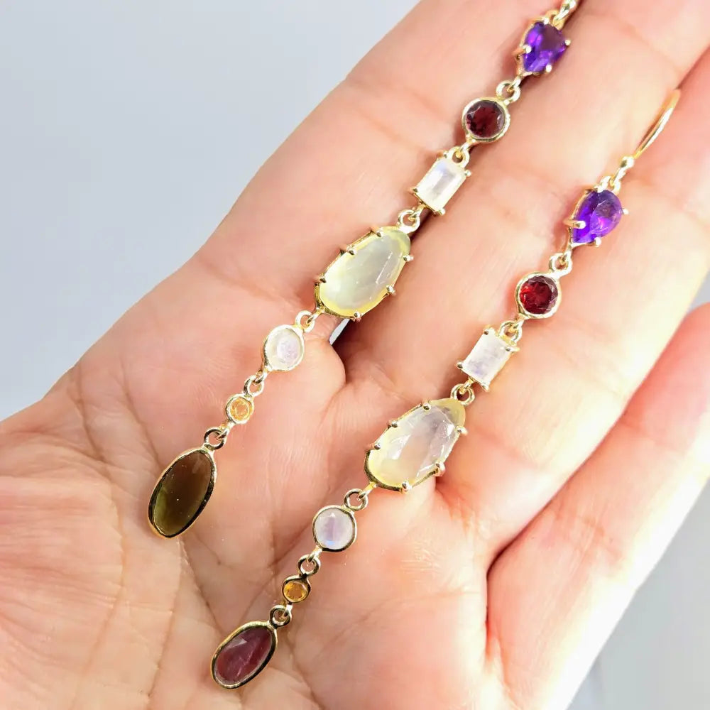 New! ?Shoulder Dusters’ Ooak 4’’ Earrings - Mixed Gems Sterling or Gold