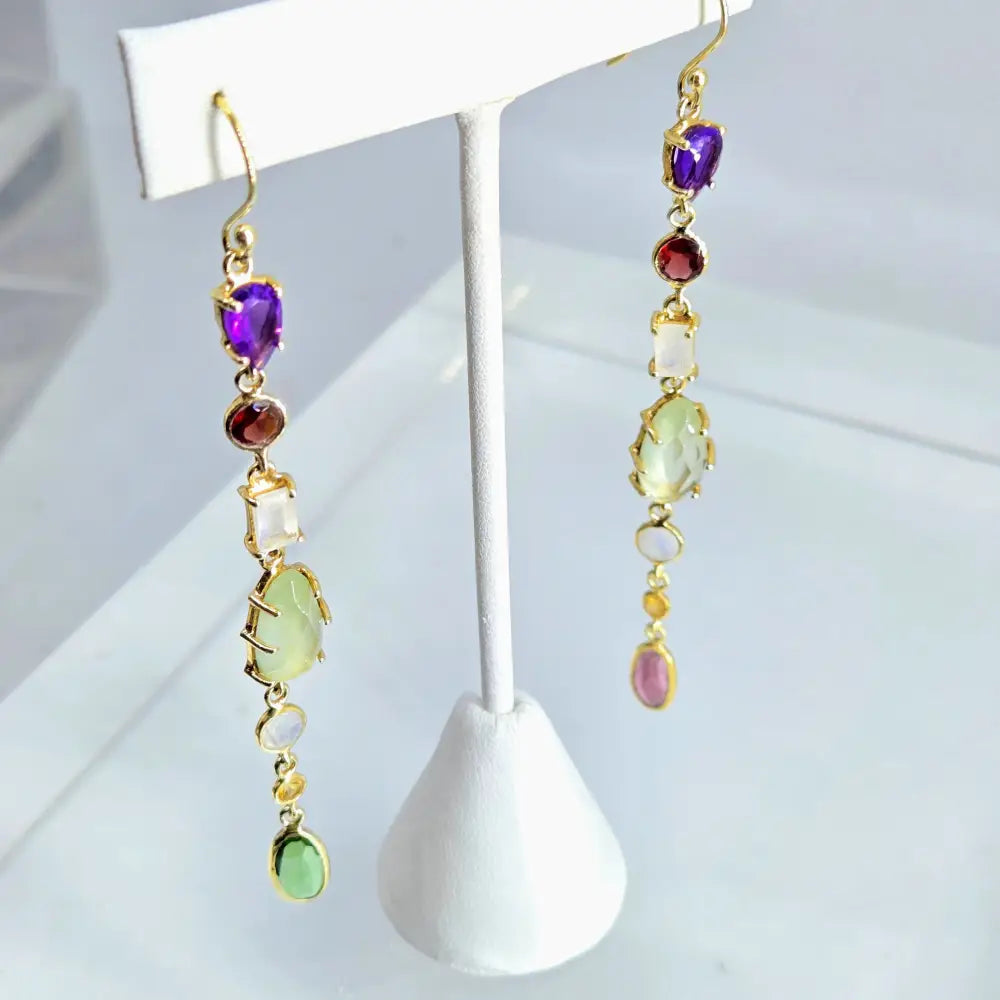 New! ?Shoulder Dusters’ Ooak 4’’ Earrings - Mixed Gems Sterling or Gold - #3 Amethyst Garnet Moonstone Prehnite Citrine T