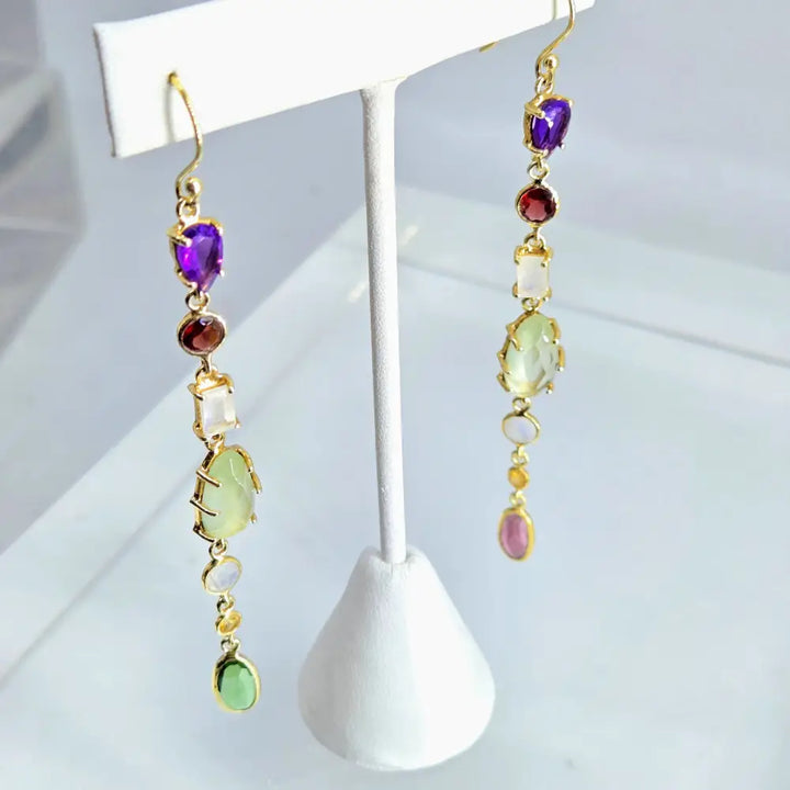 New! ?Shoulder Dusters’ Ooak 4’’ Earrings - Mixed Gems Sterling or Gold - #3 Amethyst Garnet Moonstone Prehnite Citrine T