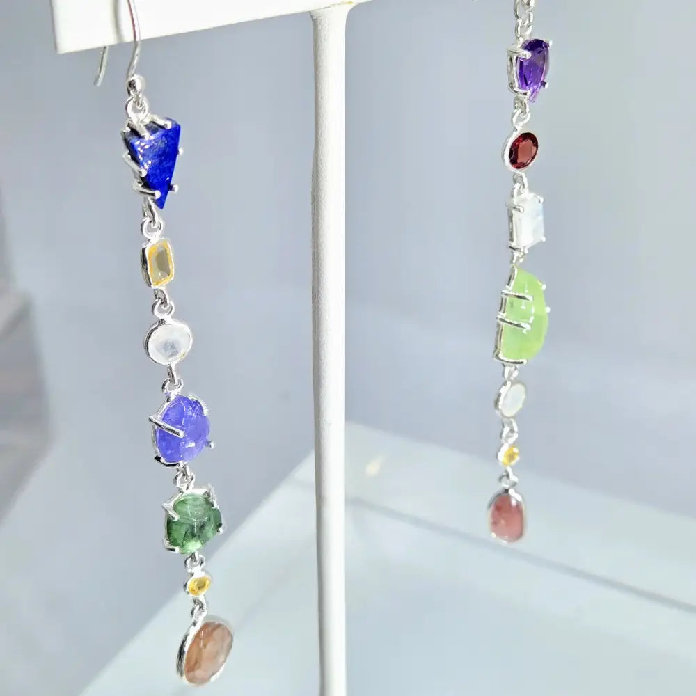 New! ?Shoulder Dusters’ Ooak 4’’ Earrings - Mixed Gems Sterling or Gold - #1 Asymmetrical: Lapis Citrine Moonstone T