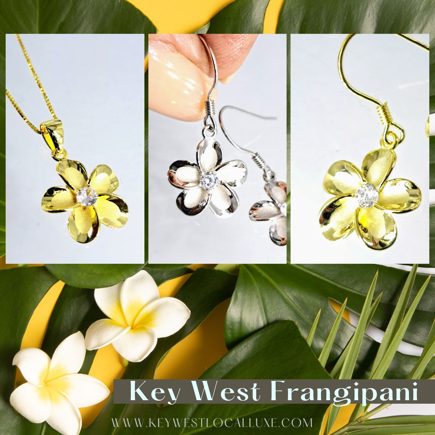 "Key West Frangipani" 1.25" Earrings - Anti-tarnish 18k Gold Sterling, or Sterling, Zircon Crystal