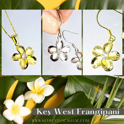 "Key West Frangipani" 18" Pendant Necklace - 18k Anti-tarnish Gold Sterling, Zircon Crystal