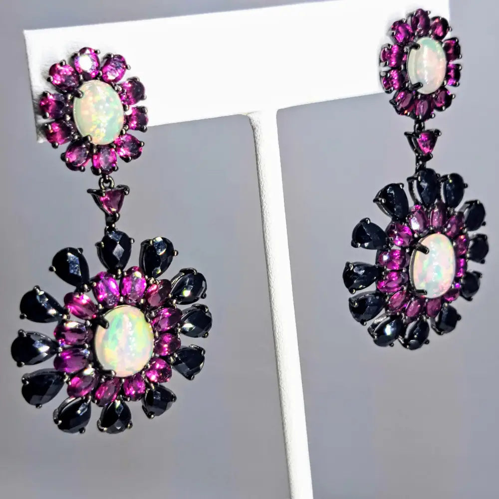 ?NIght Blooms’ 2.25’’ Earrings - White Opal Black Spinel Rhodolite Garnet Sterling