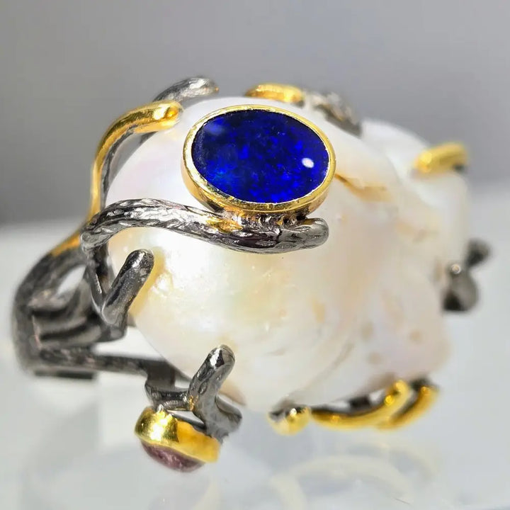 ?OCean Bauble’ Size 9 Ring - Baroque Pearl Opal Black Sterling 18k Gold