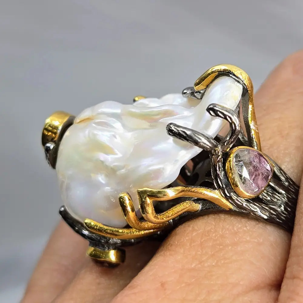?OCean Bauble’ Size 9 Ring - Baroque Pearl Opal Black Sterling 18k Gold