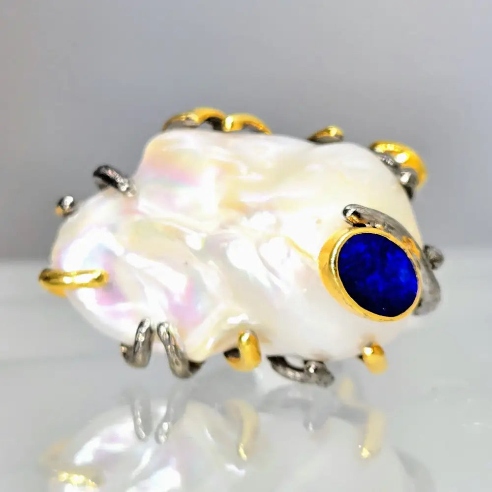 ?OCean Bauble’ Size 9 Ring - Baroque Pearl Opal Black Sterling 18k Gold