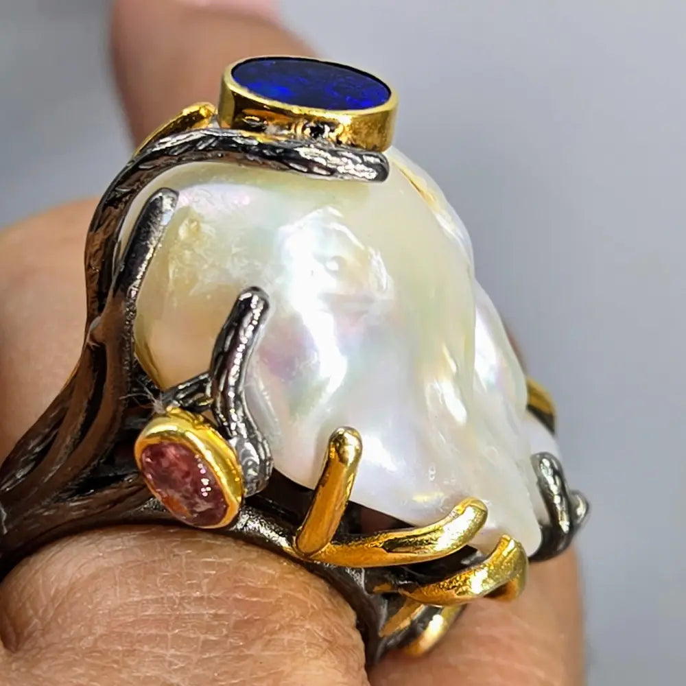 ?OCean Bauble’ Size 9 Ring - Baroque Pearl Opal Black Sterling 18k Gold