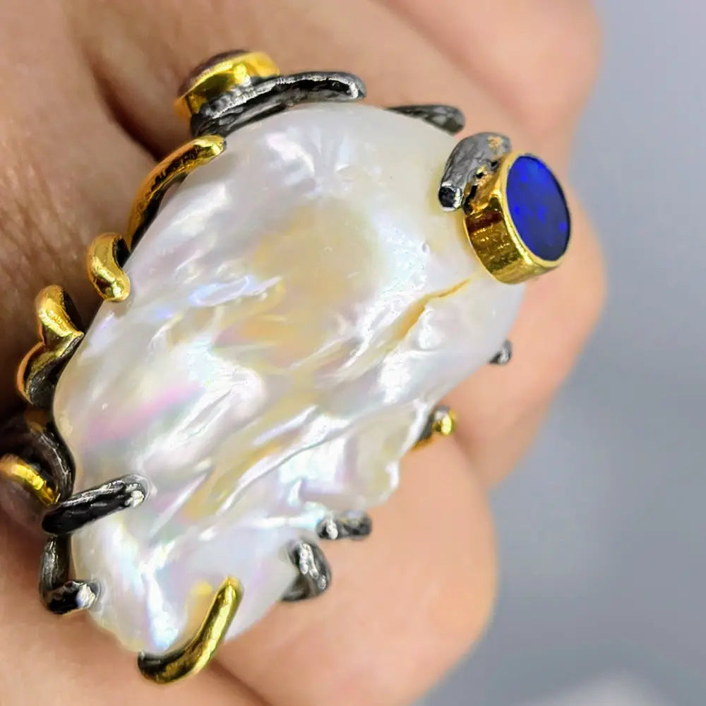 ?OCean Bauble’ Size 9 Ring - Baroque Pearl Opal Black Sterling 18k Gold