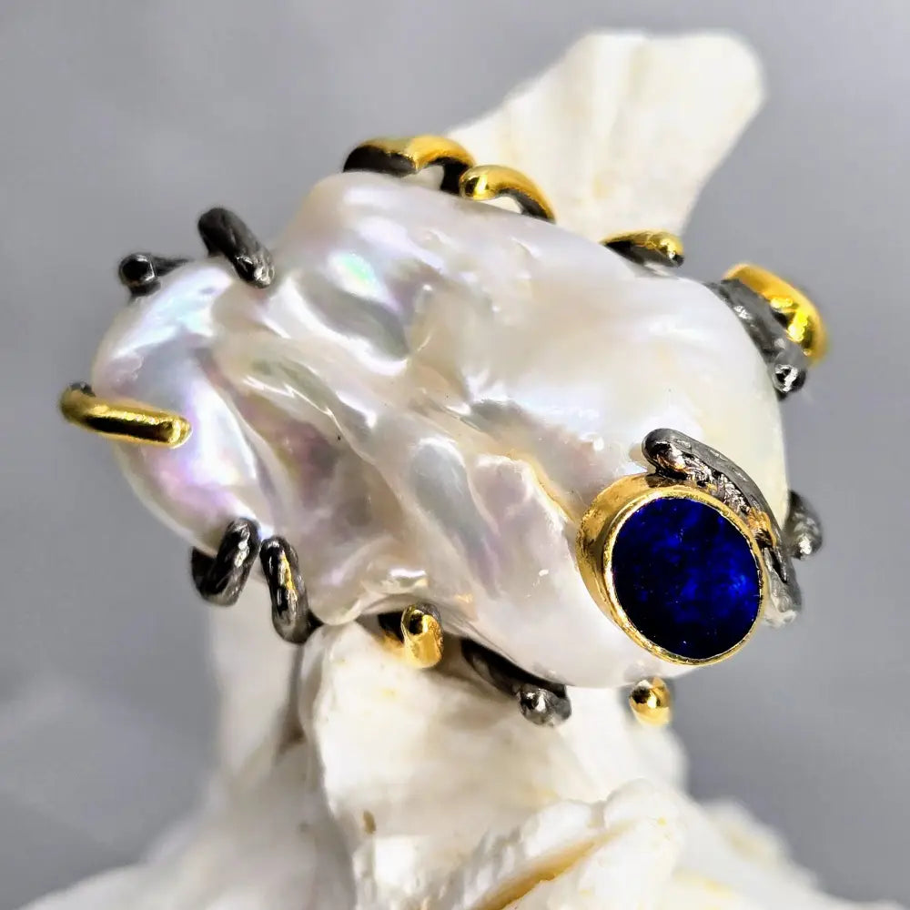 ?OCean Bauble’ Size 9 Ring - Baroque Pearl Opal Black Sterling 18k Gold