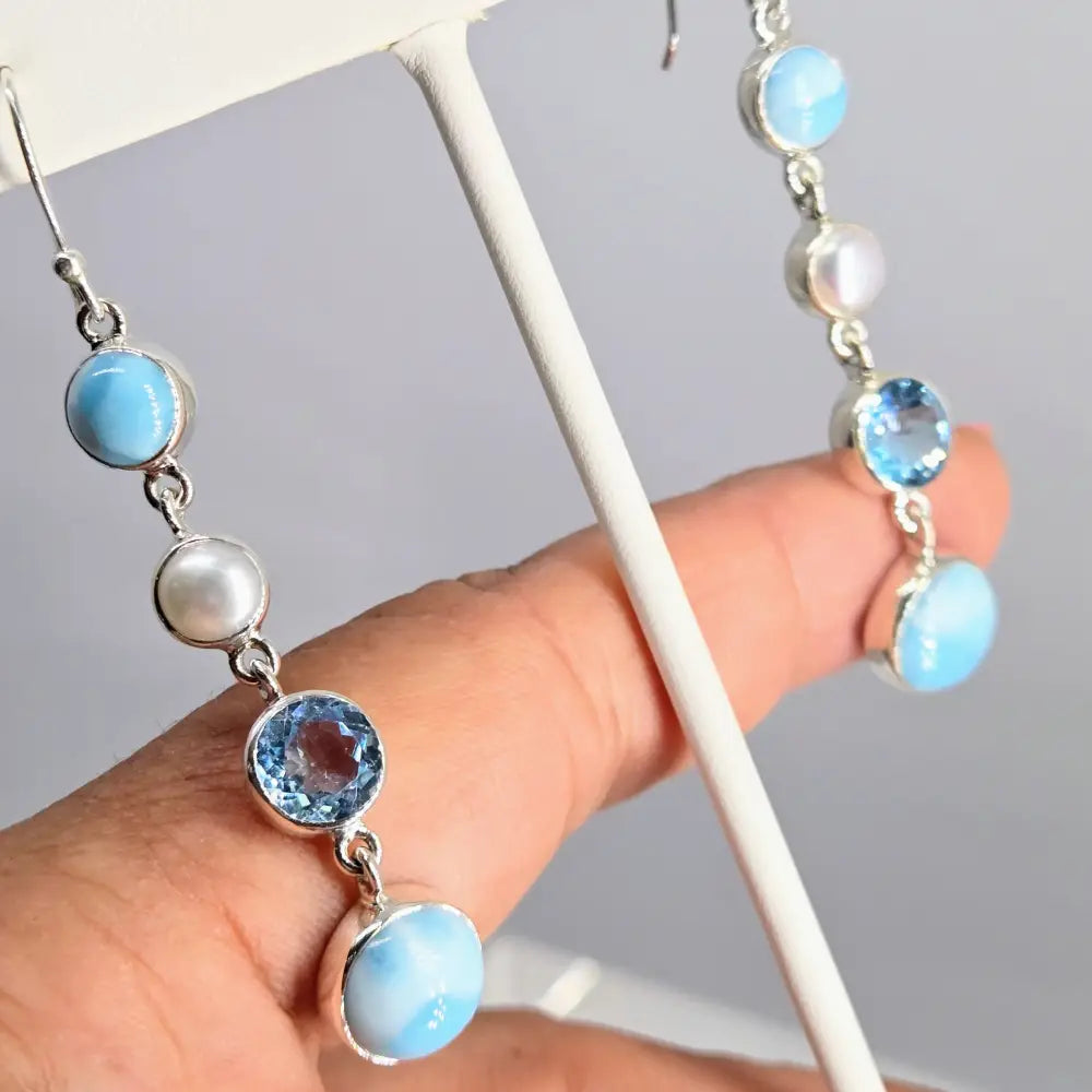 ?OCean Beauties #1’’ 2.5’’ Earrings - Larimar Pearls Topaz Sterling