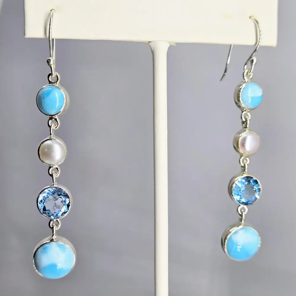 ?OCean Beauties #1’’ 2.5’’ Earrings - Larimar Pearls Topaz Sterling