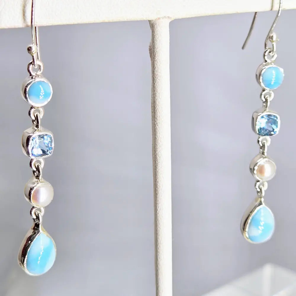 ?OCean Beauties #2’’ 2.25’’ Earrings - Larimar Pearls Topaz Sterling