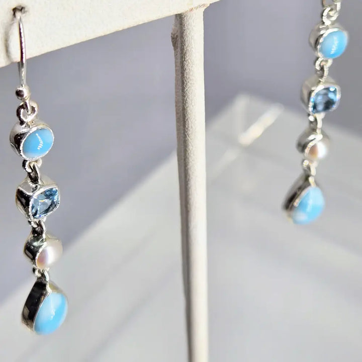 ?OCean Beauties #2’’ 2.25’’ Earrings - Larimar Pearls Topaz Sterling