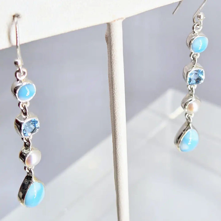?OCean Beauties #2’’ 2.25’’ Earrings - Larimar Pearls Topaz Sterling