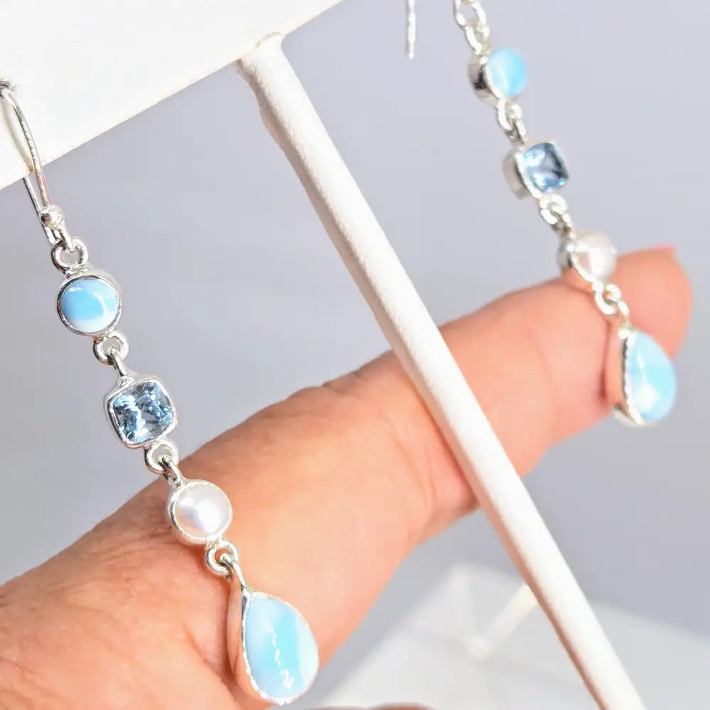 ?OCean Beauties #2’’ 2.25’’ Earrings - Larimar Pearls Topaz Sterling