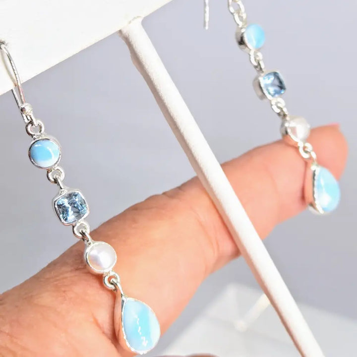 ?OCean Beauties #2’’ 2.25’’ Earrings - Larimar Pearls Topaz Sterling