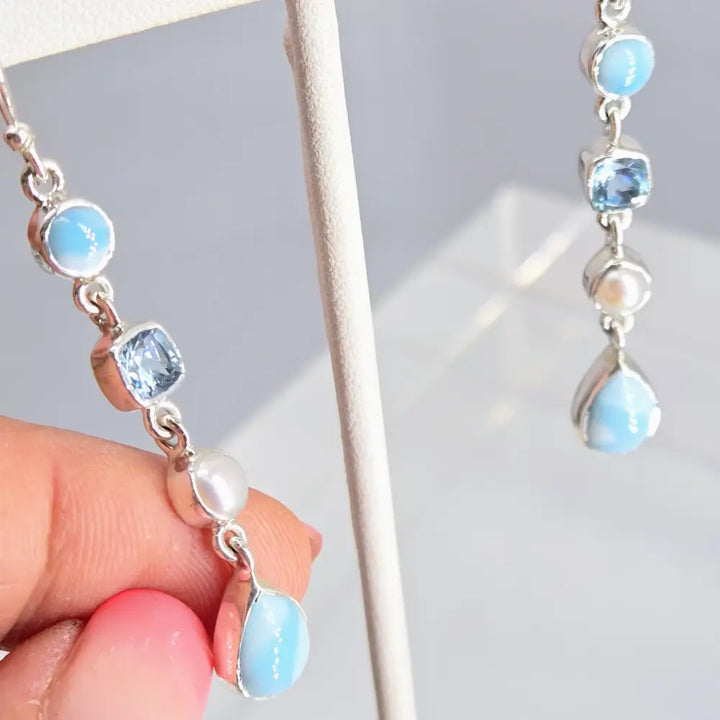 ?OCean Beauties #2’’ 2.25’’ Earrings - Larimar Pearls Topaz Sterling