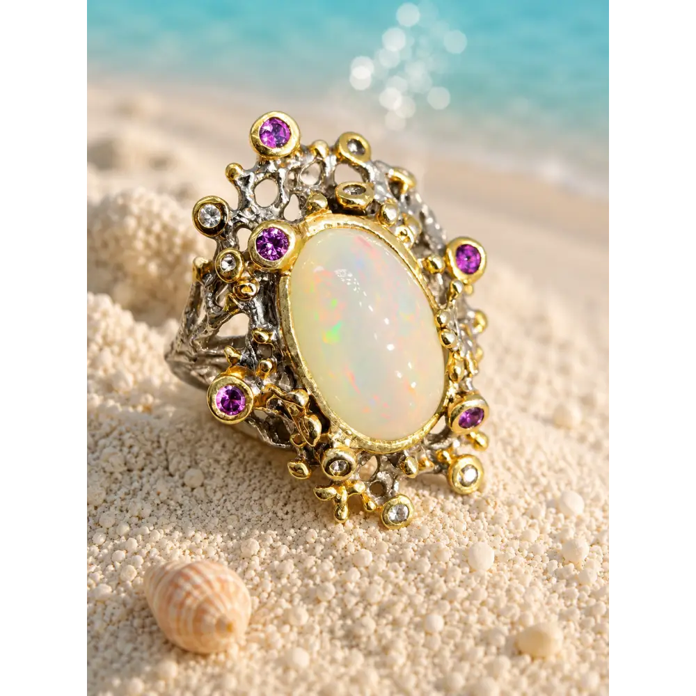 ?OCean Garden’ Sz 8 Ring - Opal Sapphire Anti-tarnish Sterling 18k Gold