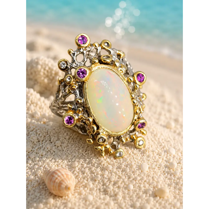 ?OCean Garden’ Sz 8 Ring - Opal Sapphire Anti-tarnish Sterling 18k Gold