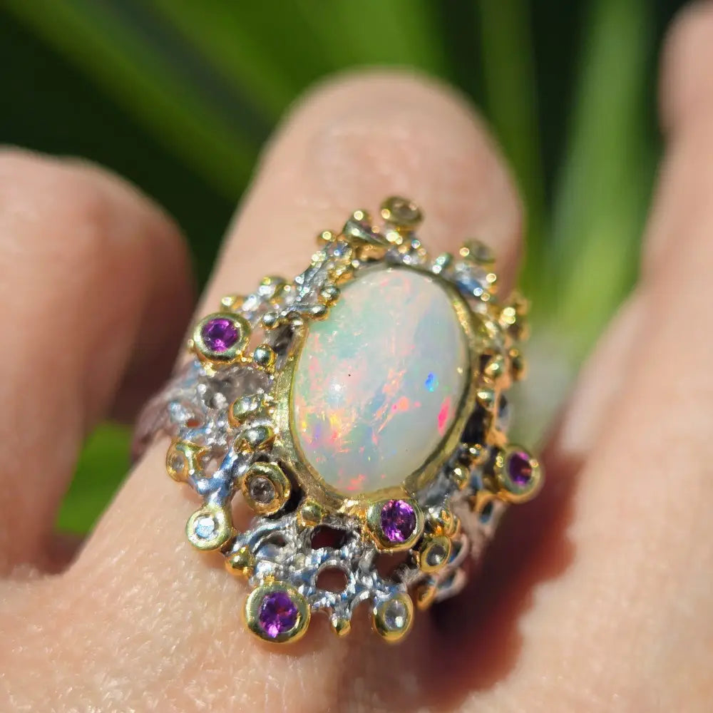 ?OCean Garden’ Sz 8 Ring - Opal Sapphire Anti-tarnish Sterling 18k Gold