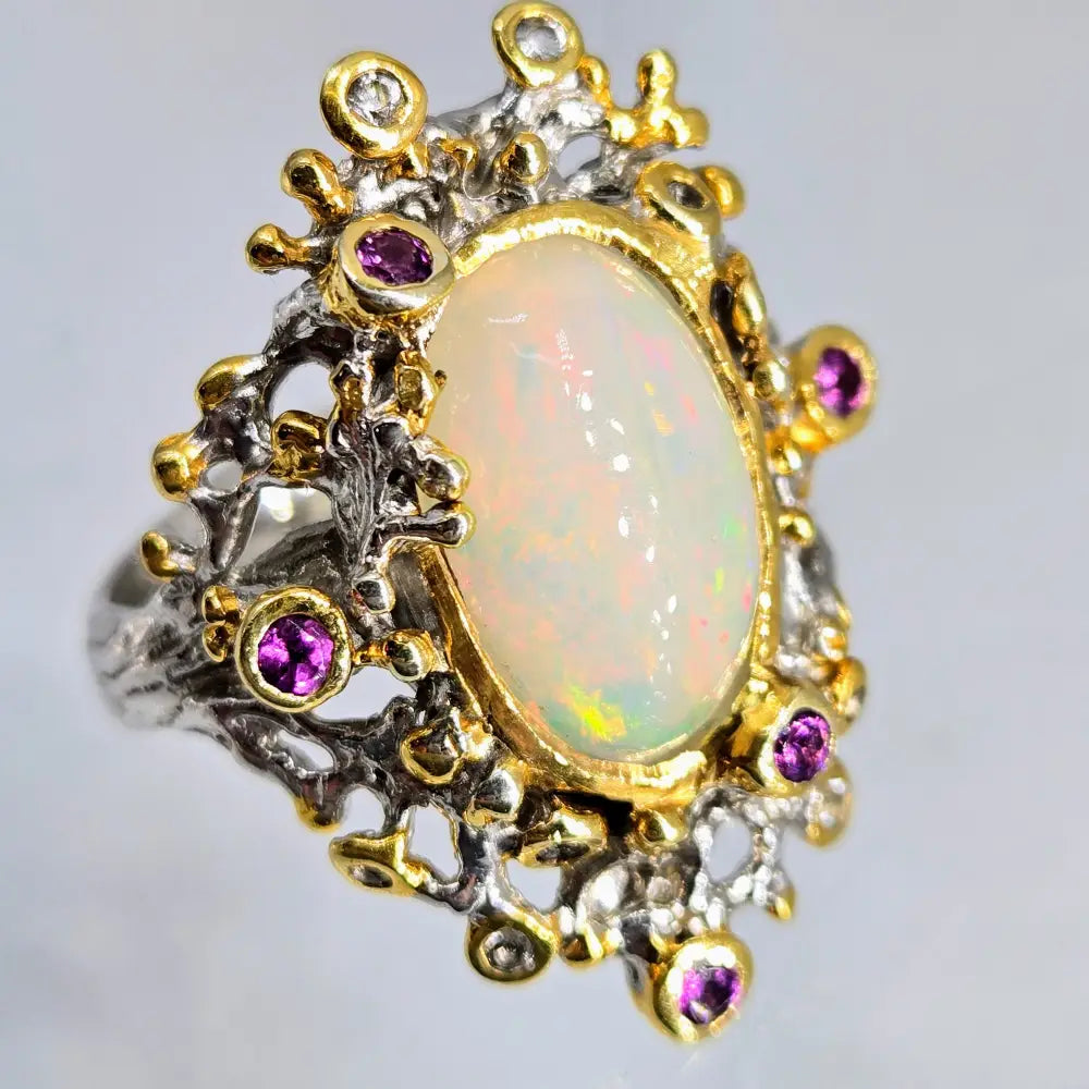 ?OCean Garden’ Sz 8 Ring - Opal Sapphire Anti-tarnish Sterling 18k Gold