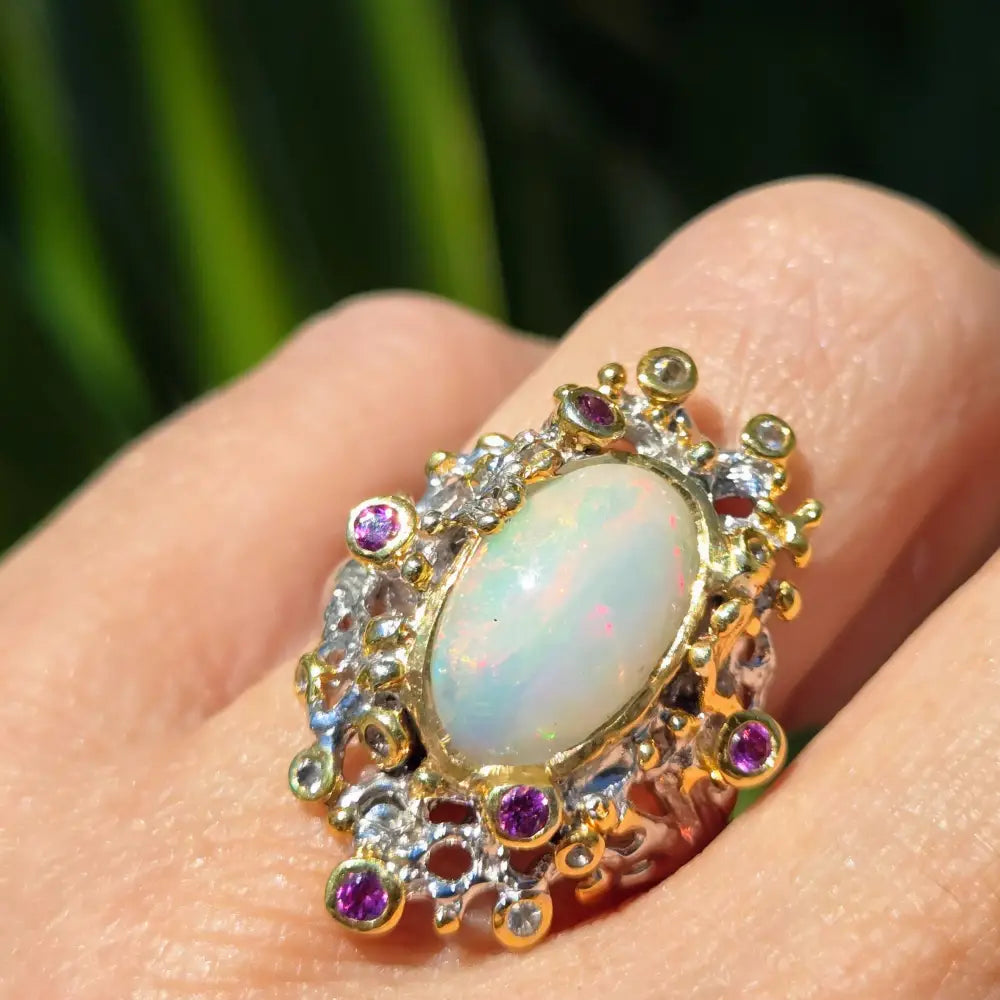 ?OCean Garden’ Sz 8 Ring - Opal Sapphire Anti-tarnish Sterling 18k Gold