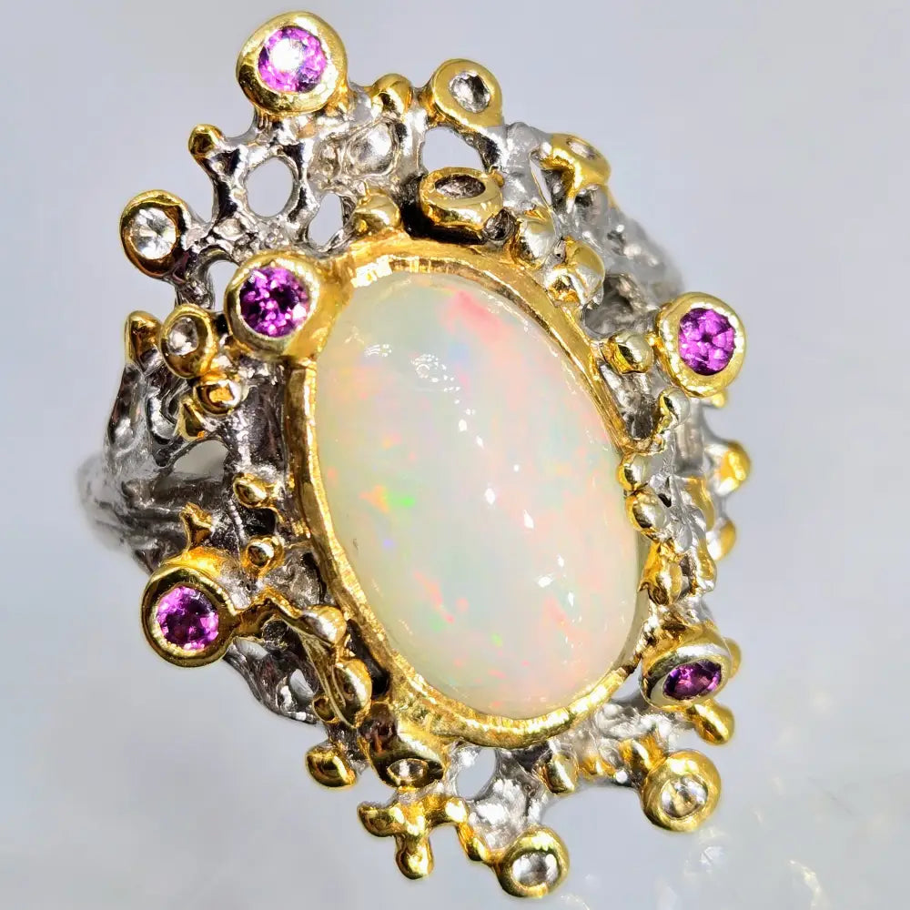 ?OCean Garden’ Sz 8 Ring - Opal Sapphire Anti-tarnish Sterling 18k Gold
