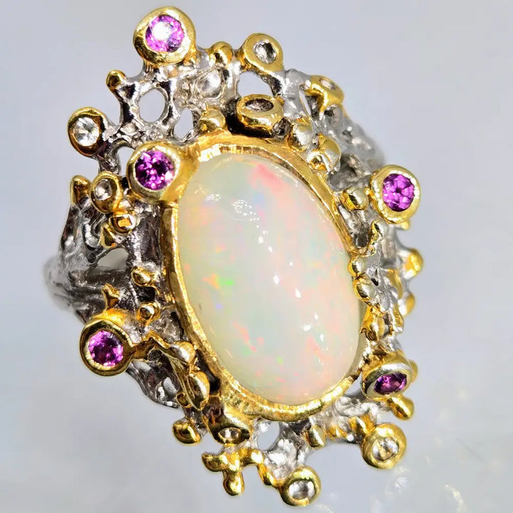 ?OCean Garden’ Sz 8 Ring - Opal Sapphire Anti-tarnish Sterling 18k Gold