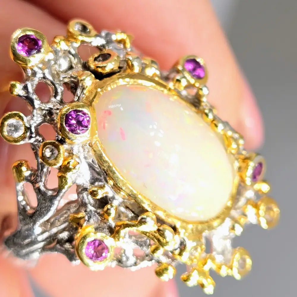 ?OCean Garden’ Sz 8 Ring - Opal Sapphire Anti-tarnish Sterling 18k Gold