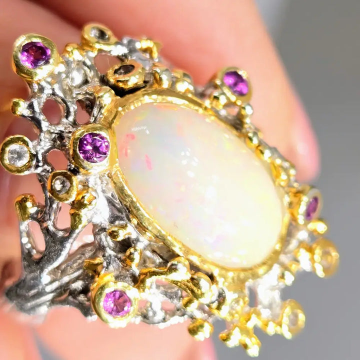 ?OCean Garden’ Sz 8 Ring - Opal Sapphire Anti-tarnish Sterling 18k Gold