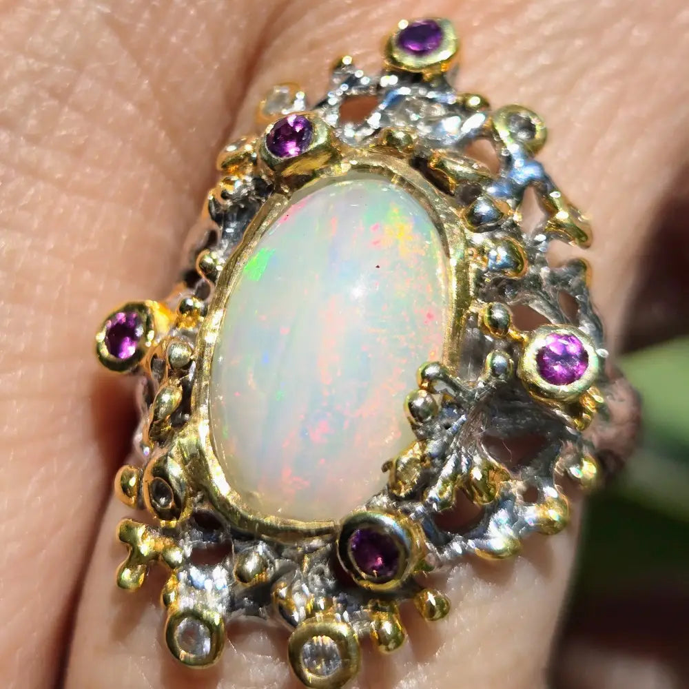 ?OCean Garden’ Sz 8 Ring - Opal Sapphire Anti-tarnish Sterling 18k Gold