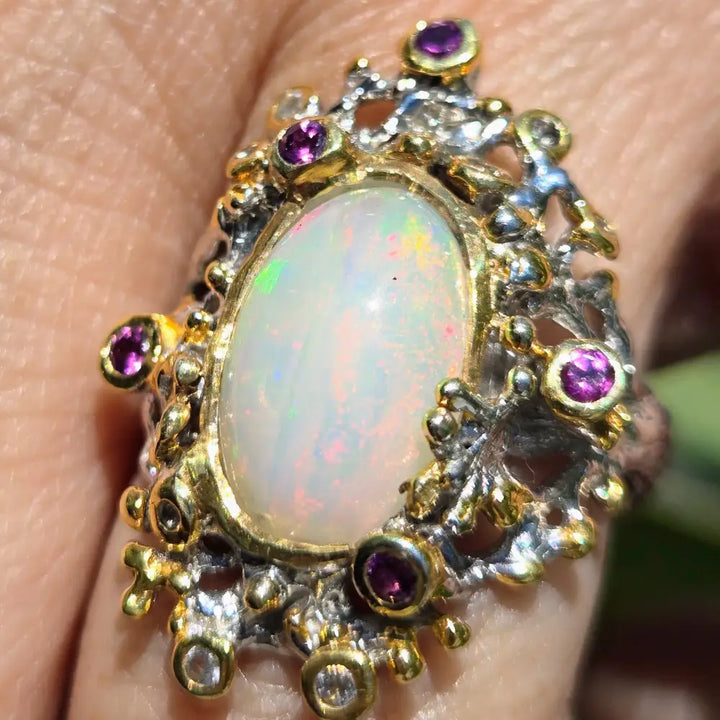 ?OCean Garden’ Sz 8 Ring - Opal Sapphire Anti-tarnish Sterling 18k Gold