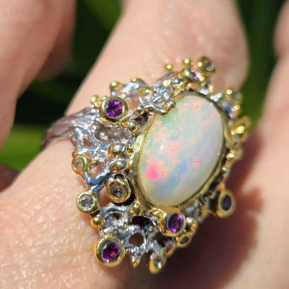 ?OCean Garden’ Sz 8 Ring - Opal Sapphire Anti-tarnish Sterling 18k Gold