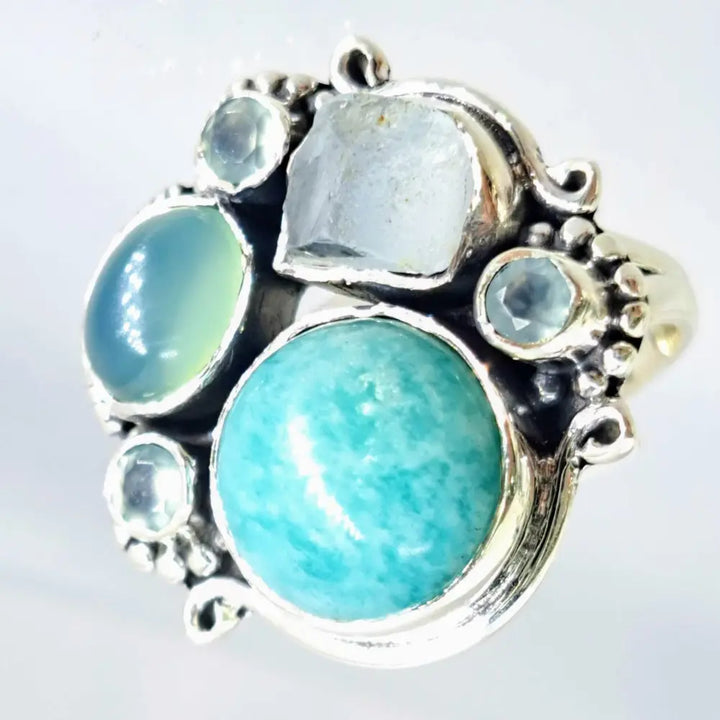 ?OCean Mist’ Sz 7 Ring - Amazonite Chalcedony Topaz Aquamarine Sterling
